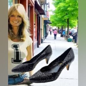 Vintage Cheryl Tiegs Sz 8.5 Black Leather Cut work Women's Heels